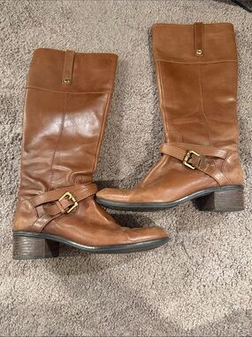 Classic Tall Leather Riding Boots with Buckle Detail in Cognac